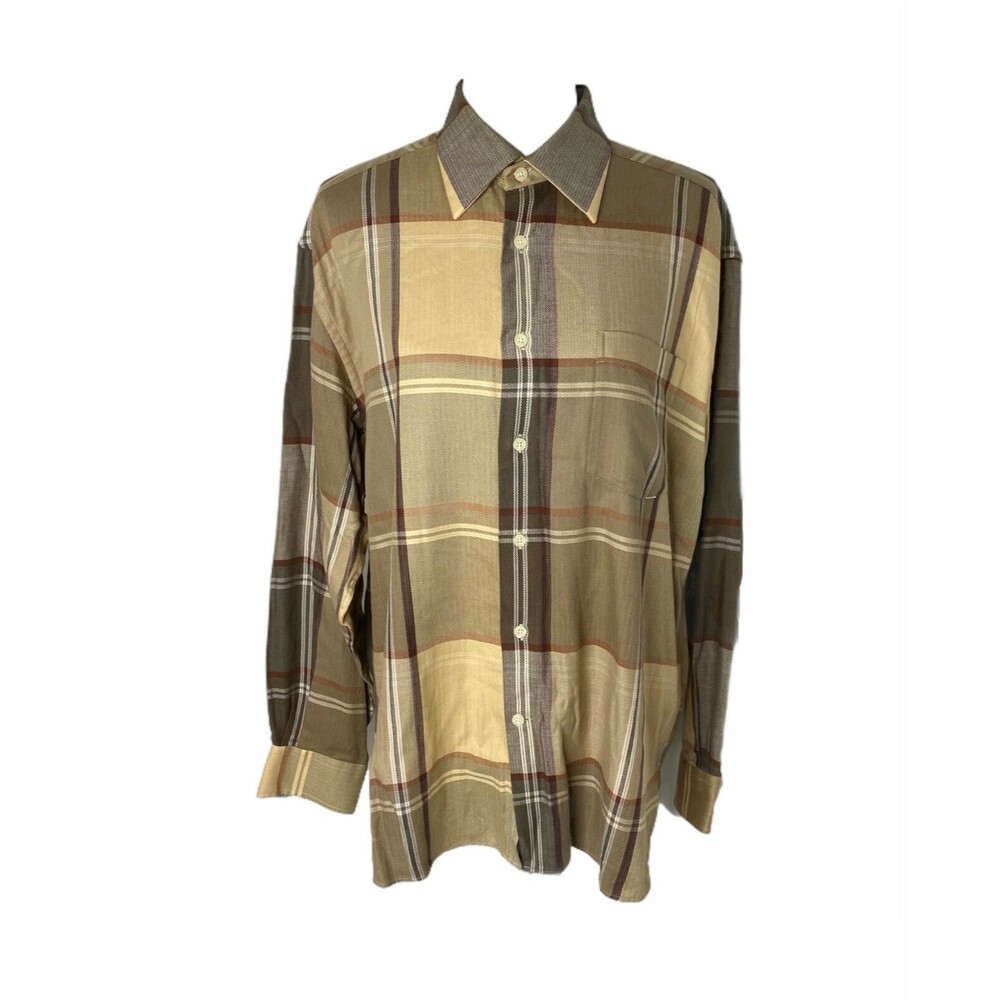 Alex Cannon Men’s Shirt Tan Plaid 100% Cotton Casual Button-Down Size Large